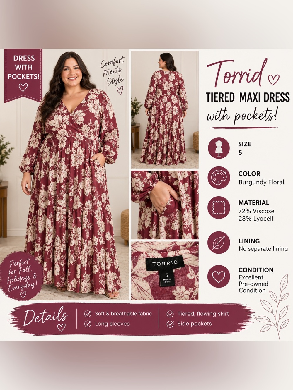 torrid Burgundy Floral V‑Neck Tiered Maxi Dress